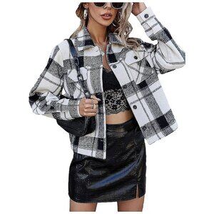 Women's Fall Fashion Cropped Shacket Plaid Jackets Coat-Black